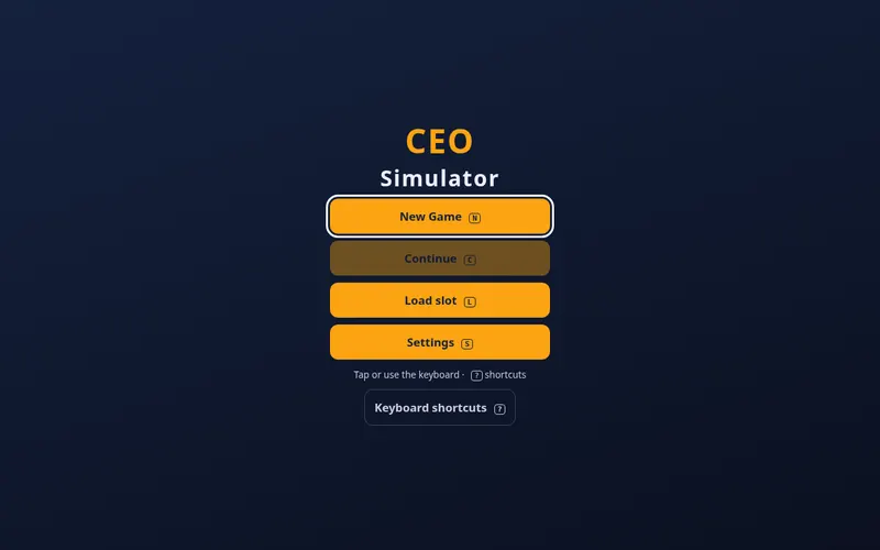 Screenshot of the CEO Simulator game title screen with New Game and Settings buttons