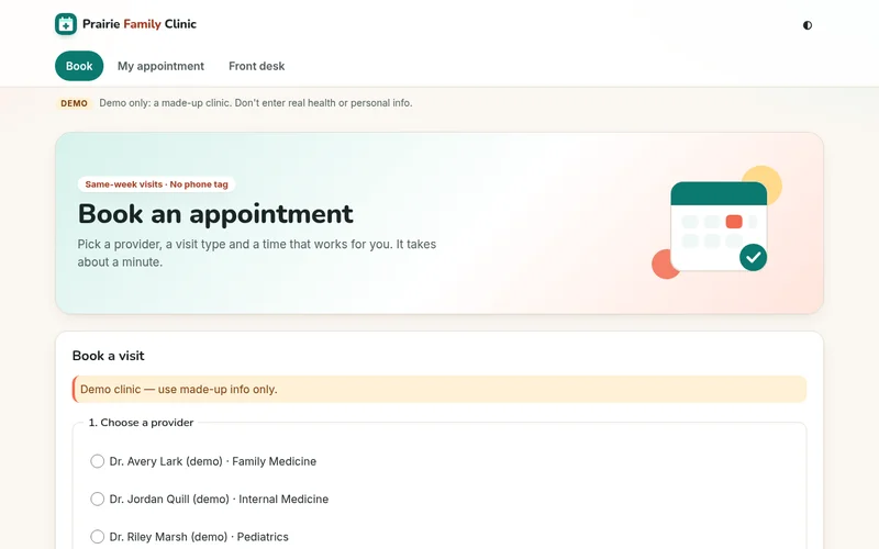 Screenshot of the Clinic Appointment Booker showing the Book an appointment page