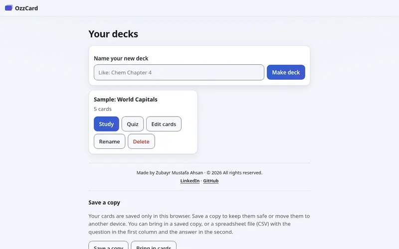 Screenshot of the OzzCard flash card app showing the Your decks page